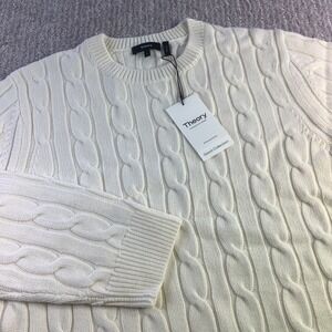 Theory Cable Knit Sweater Cream Wool Cashmere Blend Crew Neck Long Sleeve Size L